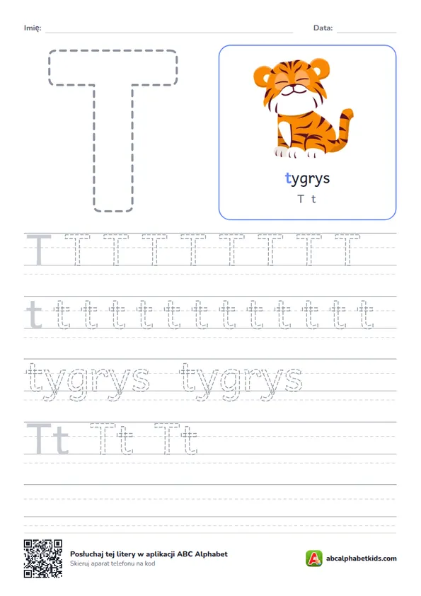 Karta pracy z literą T, obrazek: tygrys