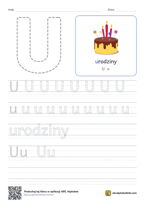 Karta pracy z literą U, obrazek: urodziny