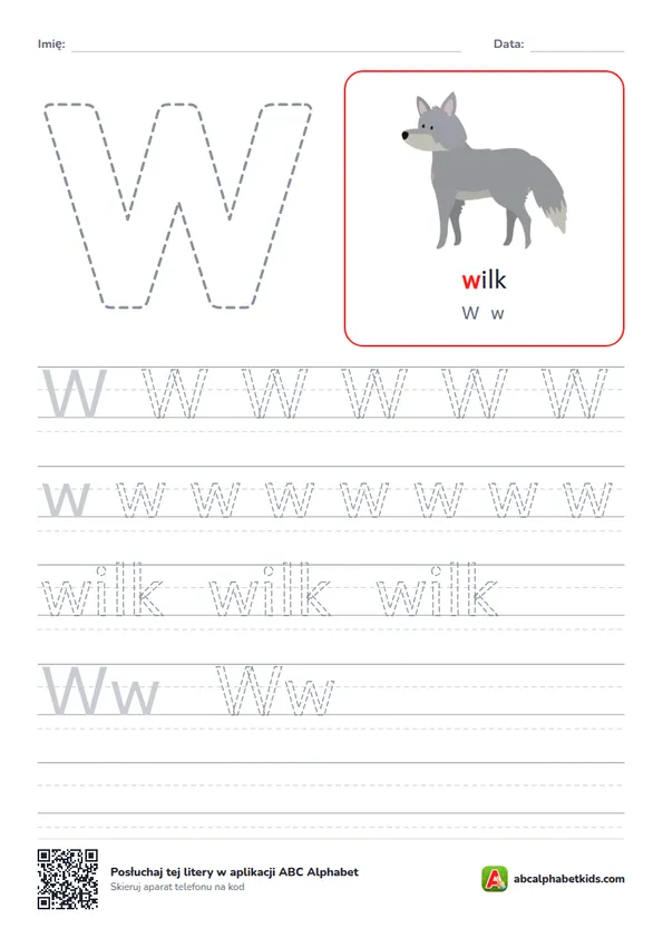 Karta pracy z literą W, obrazek: wilk