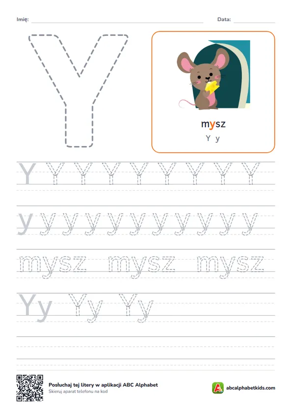Karta pracy z literą Y, obrazek: mysz