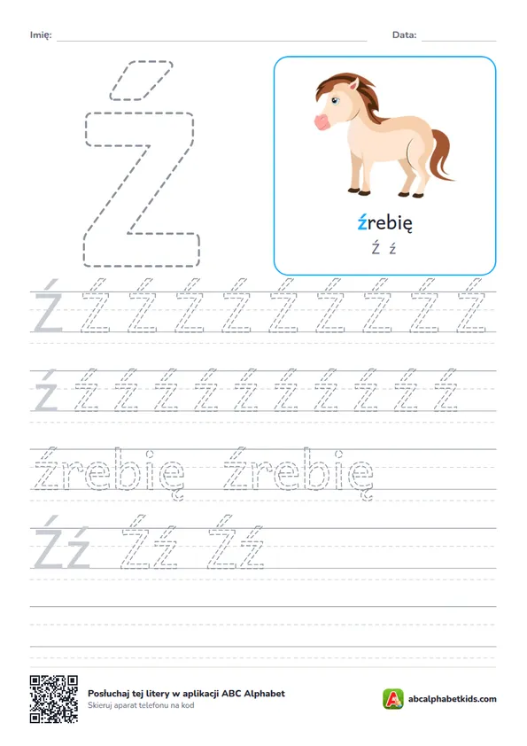 Karta pracy z literą Ź, obrazek: źrebię