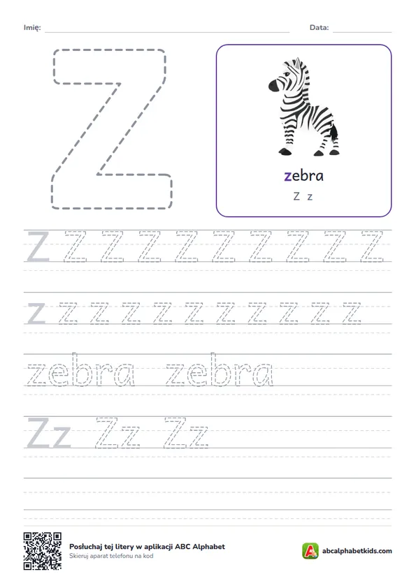 Karta pracy z literą Z, obrazek: zebra