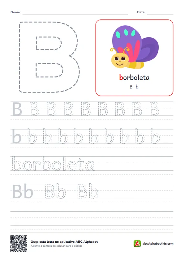 Atividade da letra B pontilhada com borboleta