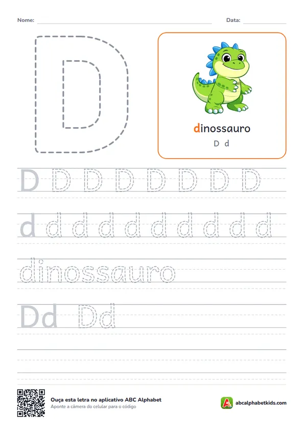 Atividade da letra D pontilhada com dinossauro
