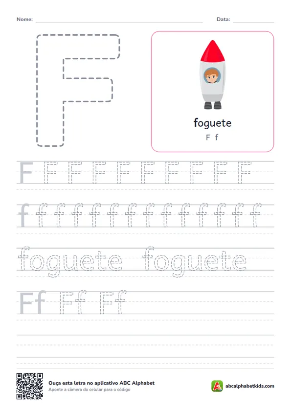 Atividade da letra F pontilhada com foguete