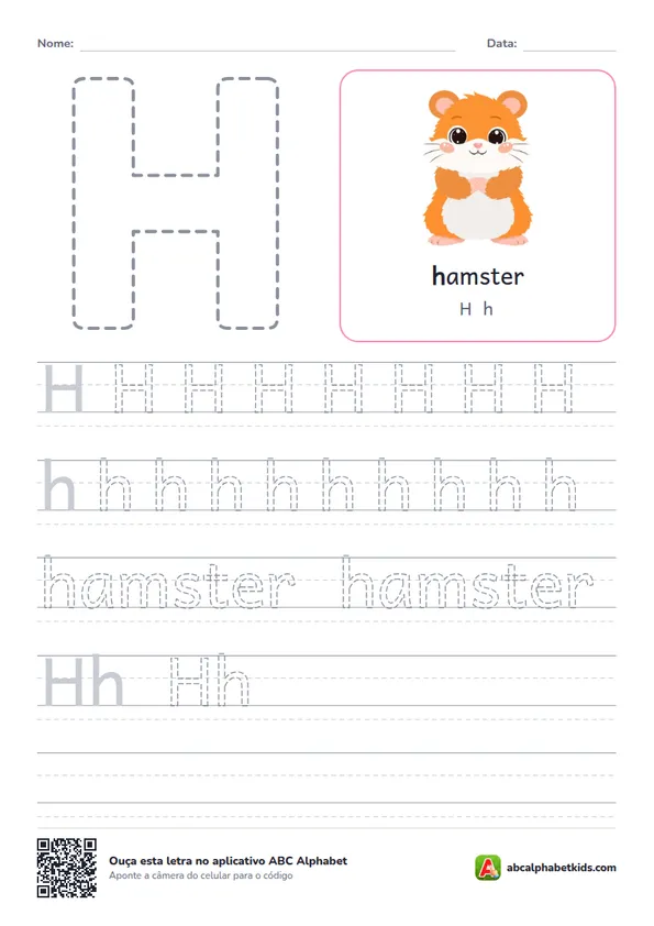 Atividade da letra H pontilhada com hamster