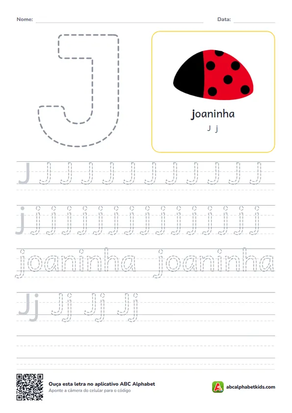 Atividade da letra J pontilhada com joaninha