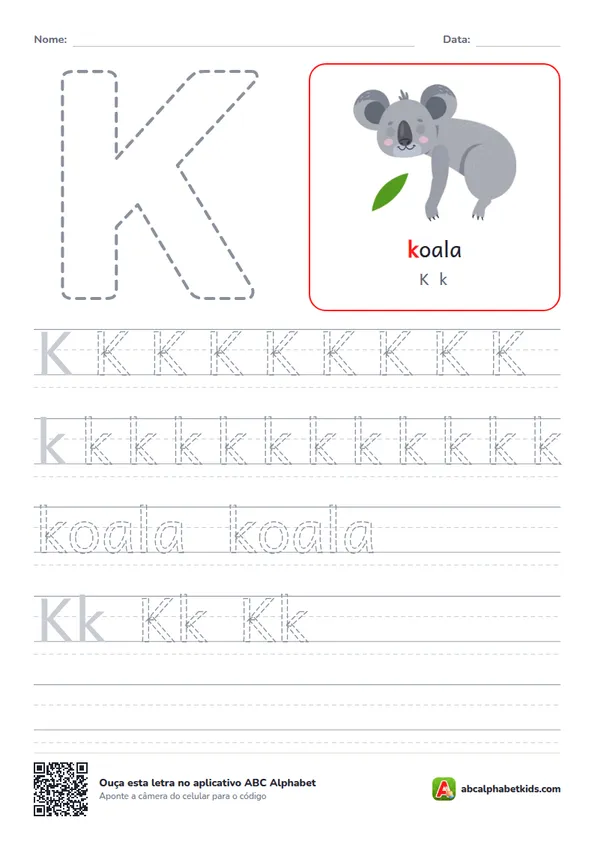 Atividade da letra K pontilhada com koala