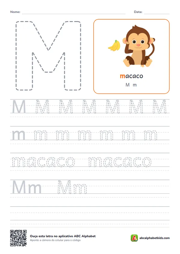 Atividade da letra M pontilhada com macaco