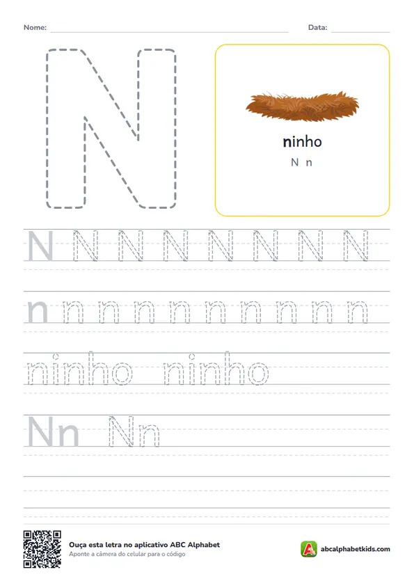 Atividade da letra N pontilhada com ninho