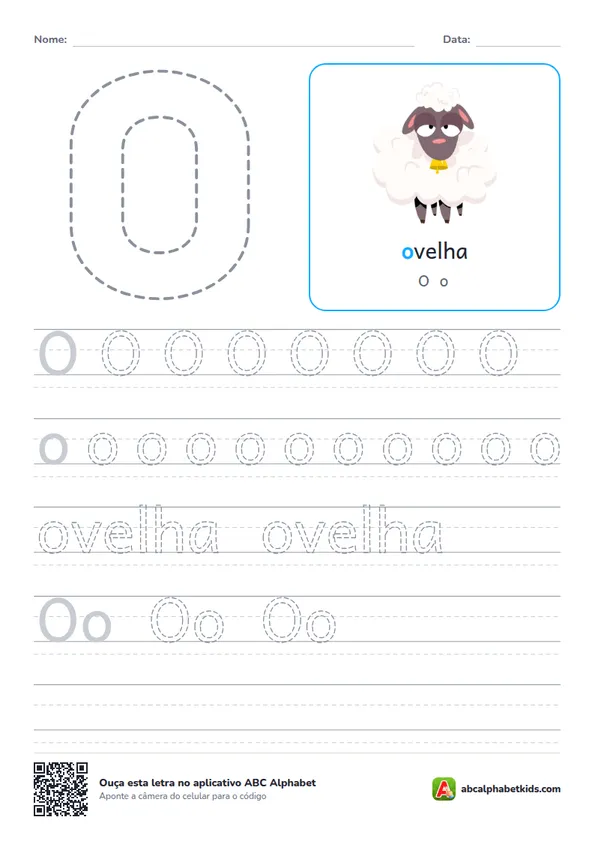 Atividade da letra O pontilhada com ovelha