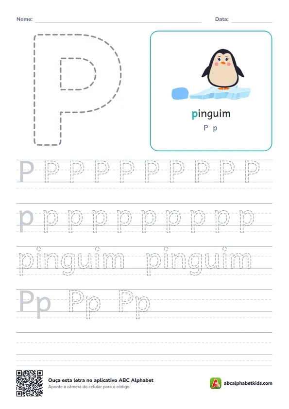 Atividade da letra P pontilhada com pinguim
