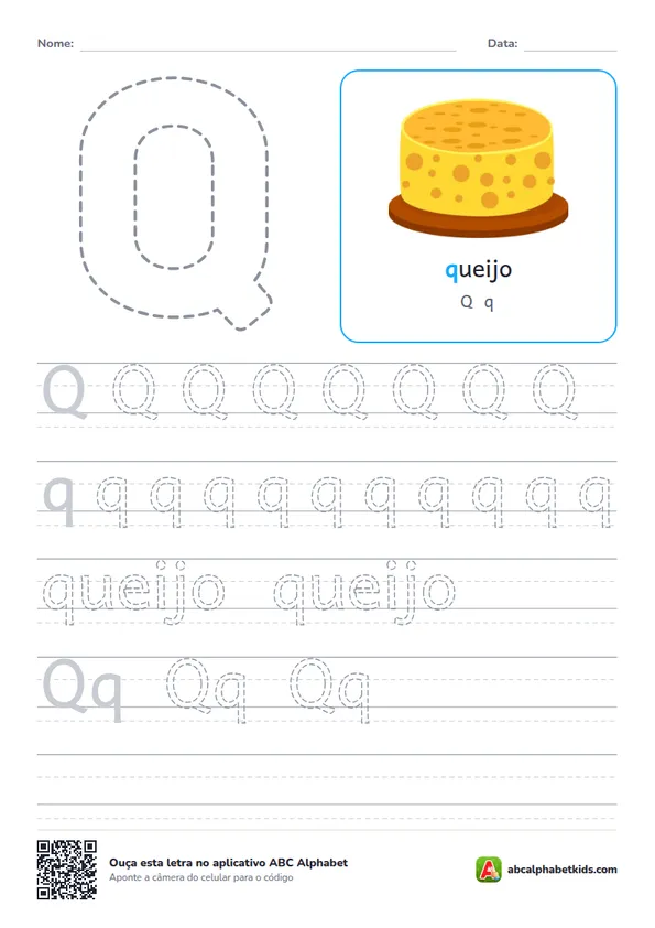 Atividade da letra Q pontilhada com queijo
