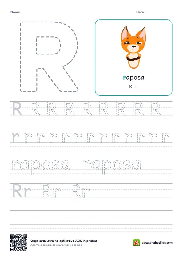 Atividade da letra R pontilhada com raposa