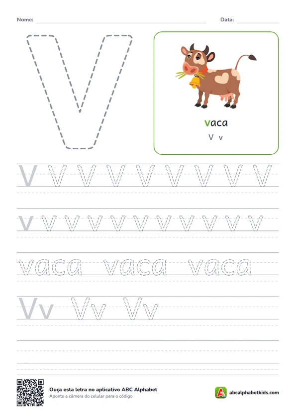 Atividade da letra V pontilhada com vaca
