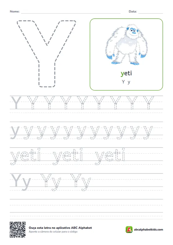 Atividade da letra Y pontilhada com yeti