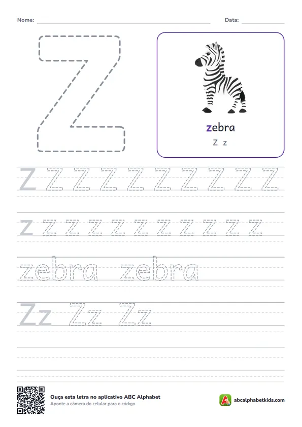 Atividade da letra Z pontilhada com zebra