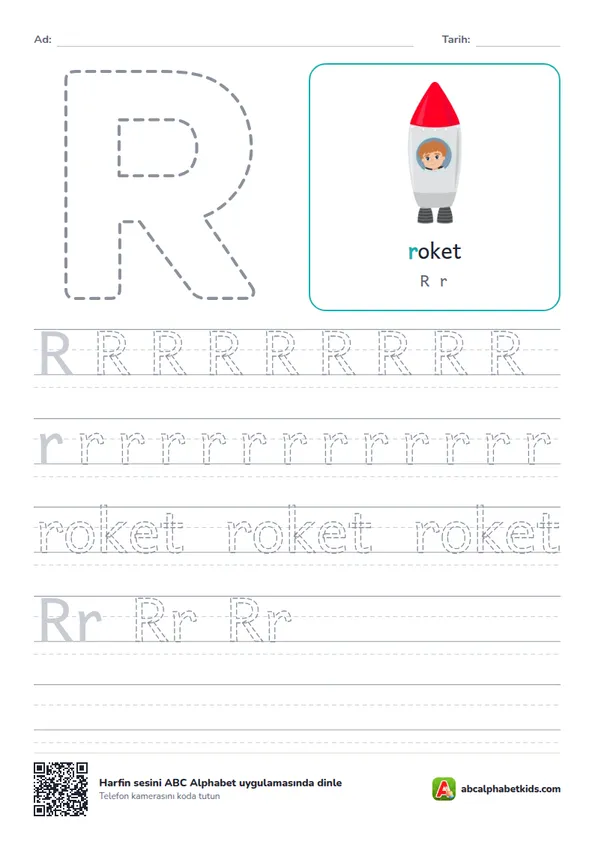 R harfi yazma çalışma sayfası, roket resmiyle