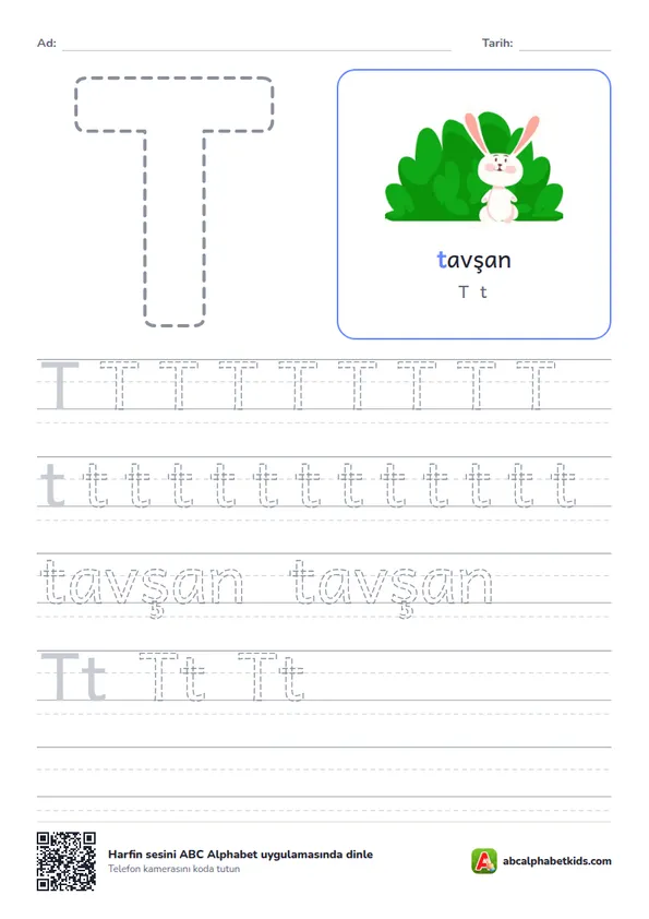 T harfi yazma çalışma sayfası, tavşan resmiyle
