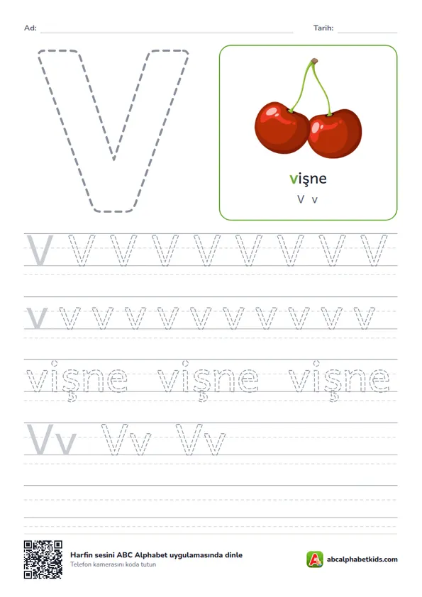 V harfi yazma çalışma sayfası, vişne resmiyle