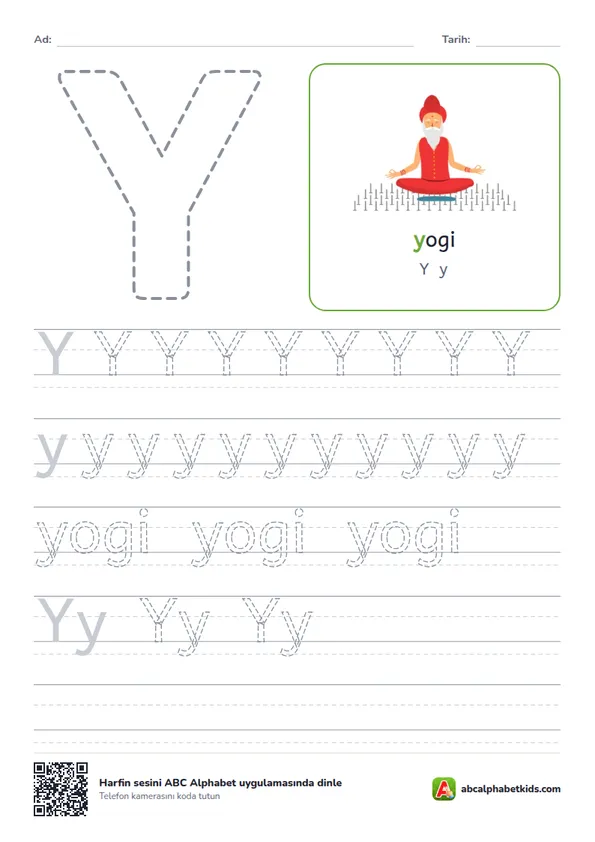 Y harfi yazma çalışma sayfası, yogi resmiyle