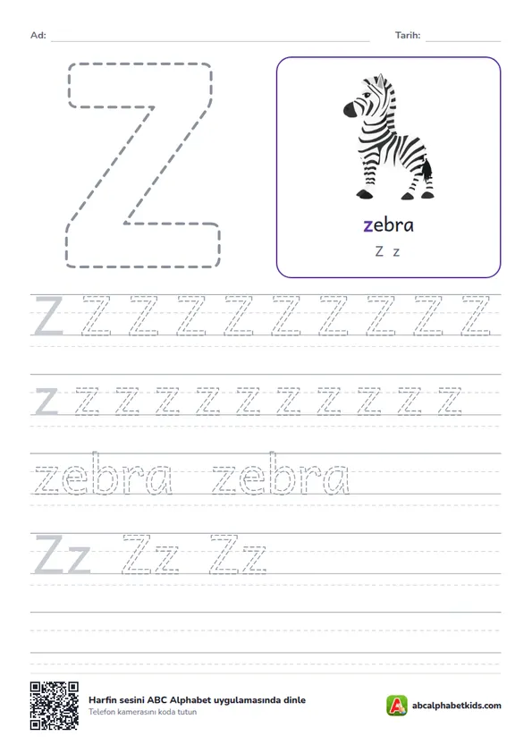 Z harfi yazma çalışma sayfası, zebra resmiyle